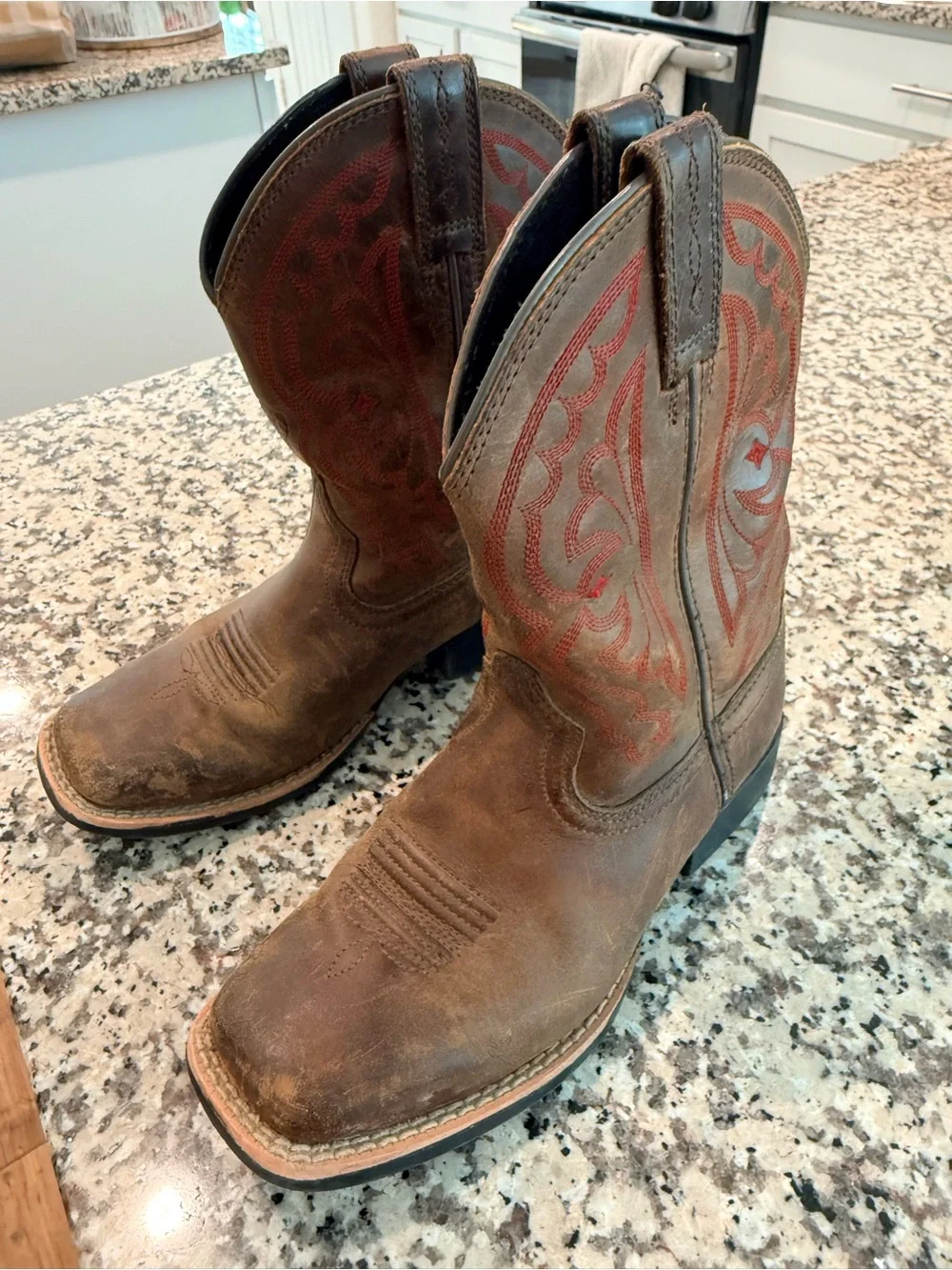 Ariat Brown Kids Western Boots with Red Stitching